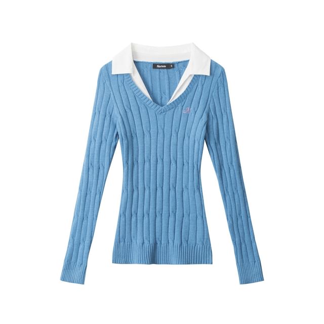 V-Neck Long-Sleeved Plain Cable-Knit Slim-Fit Top