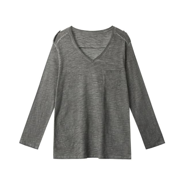 V-Neck Long-Sleeved Plain Loose-Fit T-Shirt