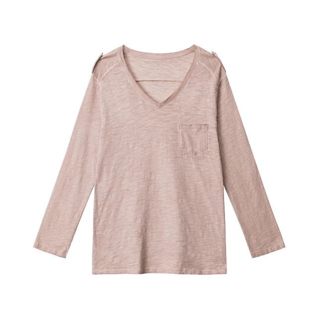 V-Neck Long-Sleeved Plain Loose-Fit T-Shirt