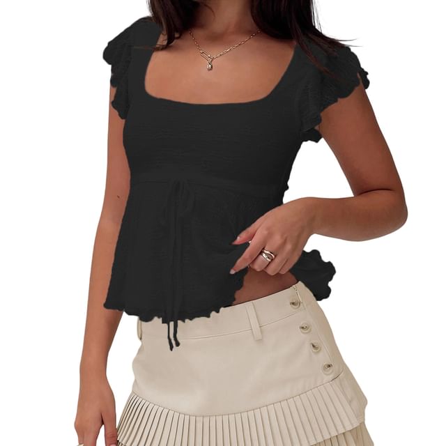 Sleeveless Square Neck Plain Lace Trim Top