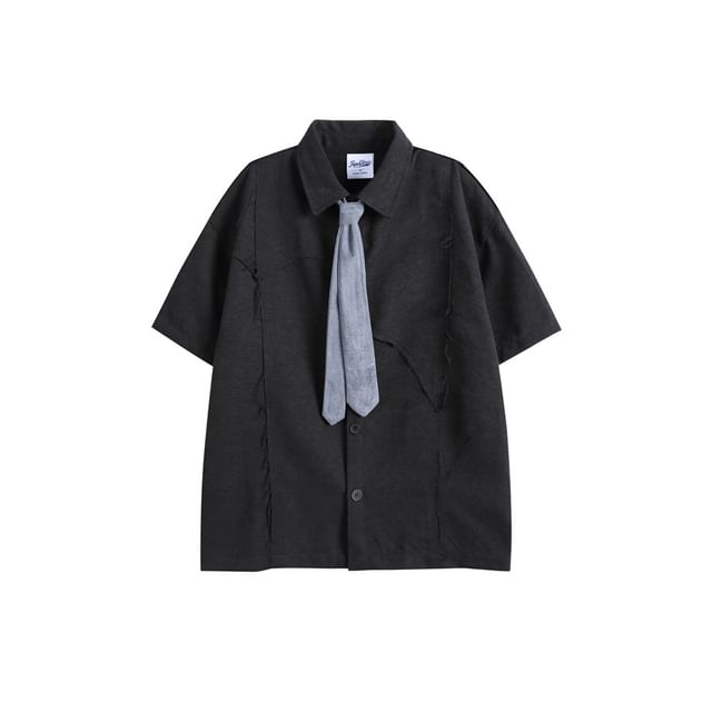 Asymmetric Mini-Sleeved Shirt with Neck Tie