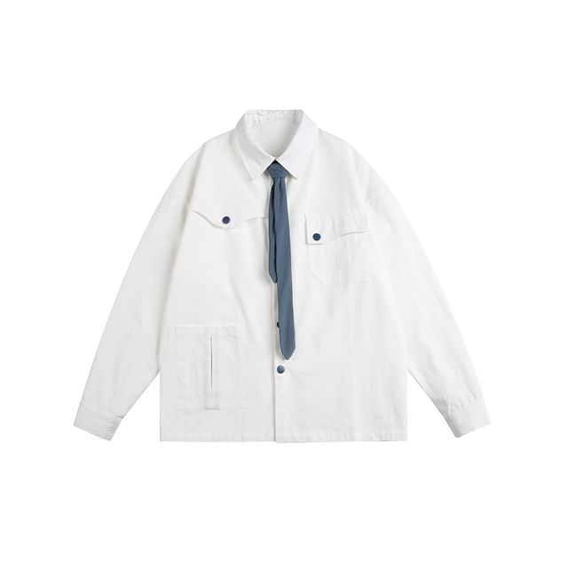 Unisex Asymmetric Pocketed Shirt with Tie