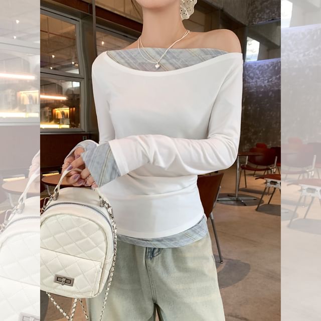 Plain V-Neck Mock-Layer Sleeved T-Shirt