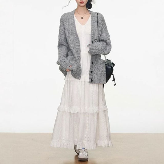 Sleeveless V-Neck Ruffle Trim Tiered Maxi A-Line Dress / Speckle Embroidered Button-Up Cable Knit Cardigan