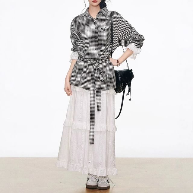 Long-Sleeve Collared Gingham Lace Panel Button-Up Blouse / High Rise Plain Perforated Tiered Maxi A-Line Skirt