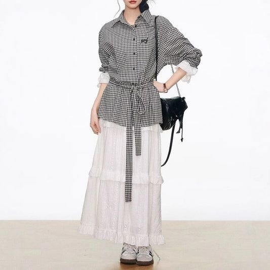 Long-Sleeve Collared Gingham Lace Panel Button-Up Blouse / High Rise Plain Perforated Tiered Maxi A-Line Skirt
