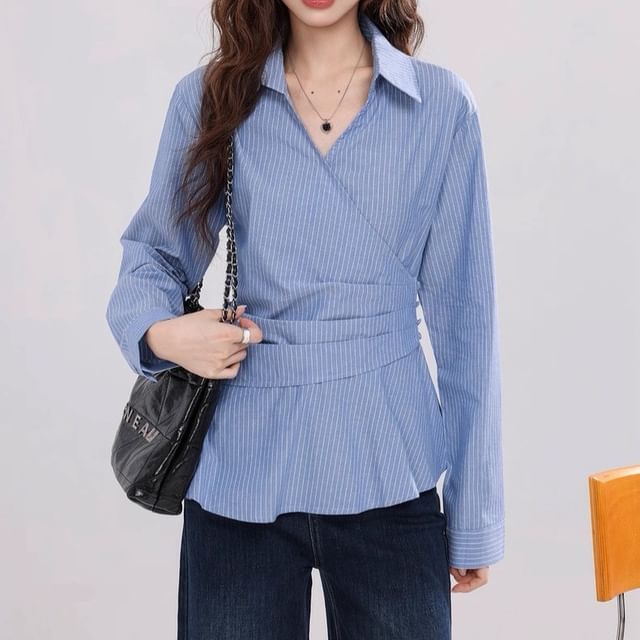 Long-Sleeve V-Neck Collared Striped Ruched Blouse