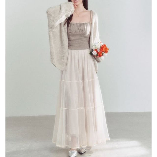 Plain Ruched Crop Camisole Top / High Rise Sheer Maxi A-Line Skirt / Open Front Cardigan