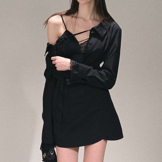 V-Neck Lace Panel Camisole Top / Long-Sleeve Off-Shoulder Plain Asymmetrical Mini A-Line Dress / Undershorts / Set
