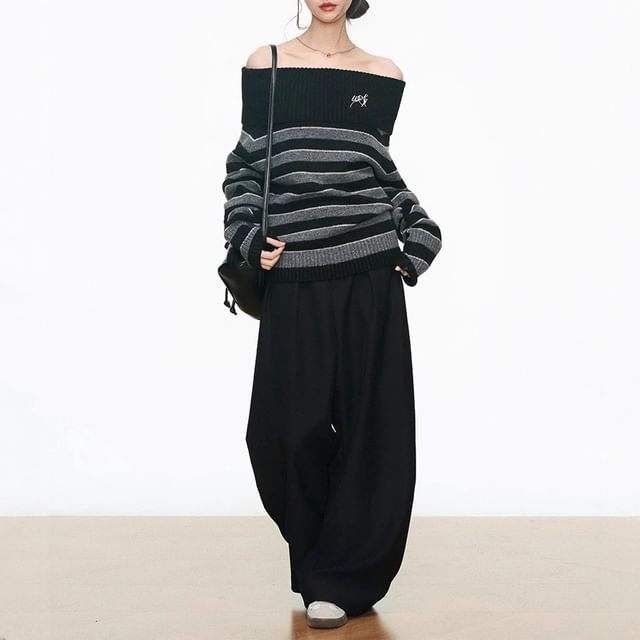Off-Shoulder Striped Sweater / High Rise Plain Wide Leg Pants