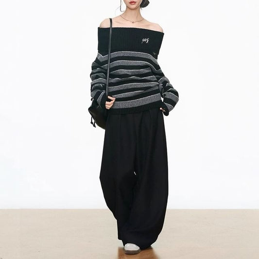Off-Shoulder Striped Sweater / High Rise Plain Wide Leg Pants