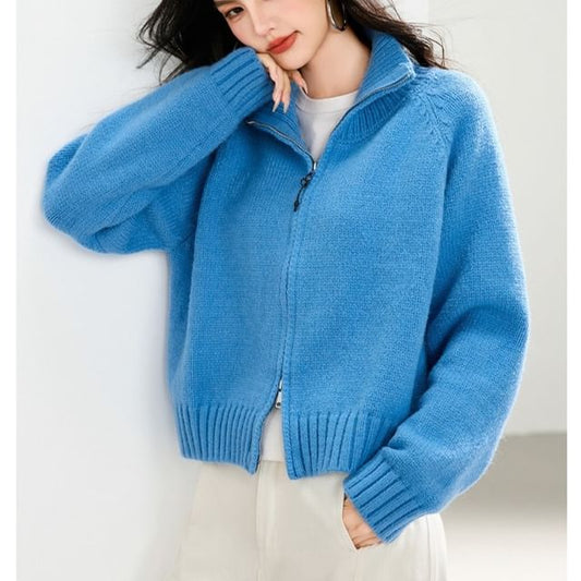 Stand Collar Zip-Up Plain Cardigan