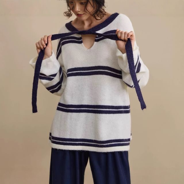 Long-Sleeve Tie-Neck Striped Knit Top