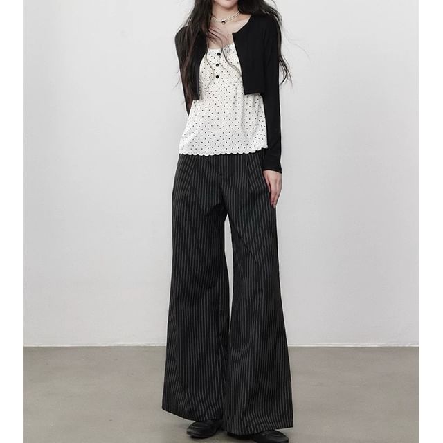 Dotted Lace-Trim Mock-Layer Sleeved Top + Striped Wide-Leg Pants
