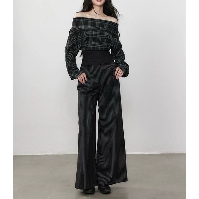 Long-Sleeve Off-Shoulder Plaid Crop Top / High Waist Striped Wide Leg Pants