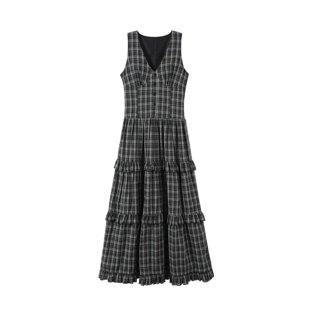 Sleeveless V-Neck Ruffle Trim Tiered Maxi A-Line Dress / Speckle Embroidered Button-Up Cable Knit Cardigan