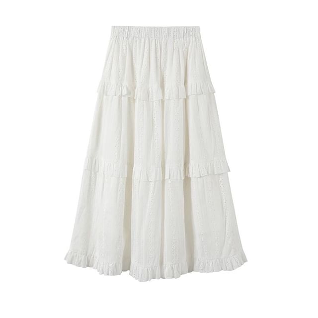 Long-Sleeve Collared Gingham Lace Panel Button-Up Blouse / High Rise Plain Perforated Tiered Maxi A-Line Skirt