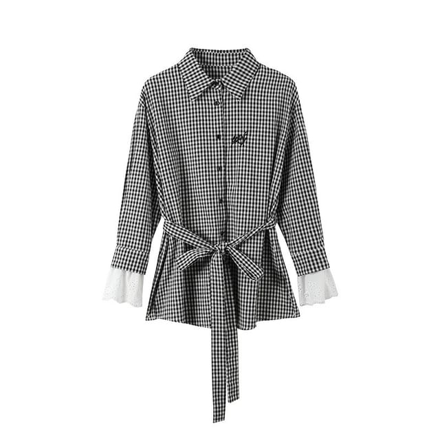 Long-Sleeve Collared Gingham Lace Panel Button-Up Blouse / High Rise Plain Perforated Tiered Maxi A-Line Skirt