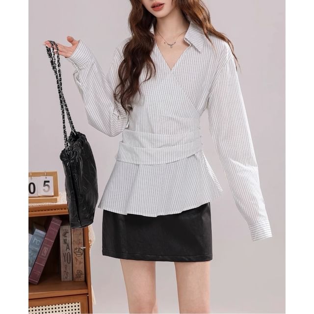 Long-Sleeve V-Neck Collared Striped Ruched Blouse