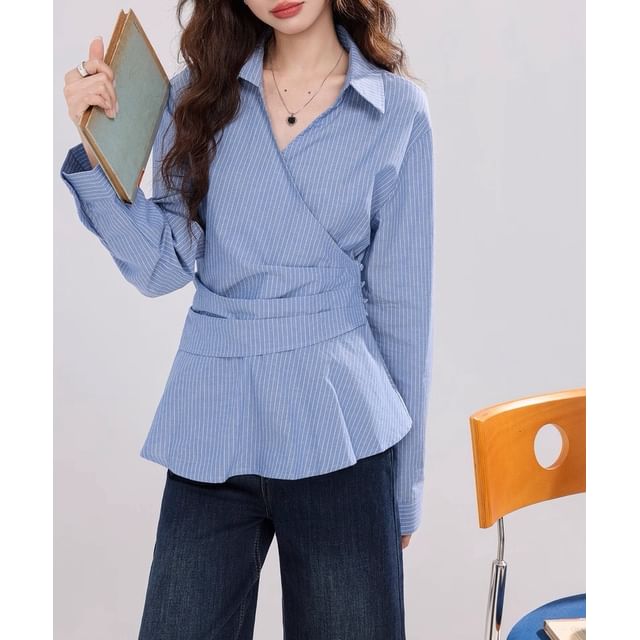 Long-Sleeve V-Neck Collared Striped Ruched Blouse