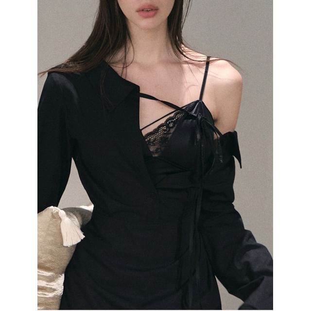 V-Neck Lace Panel Camisole Top / Long-Sleeve Off-Shoulder Plain Asymmetrical Mini A-Line Dress / Undershorts / Set