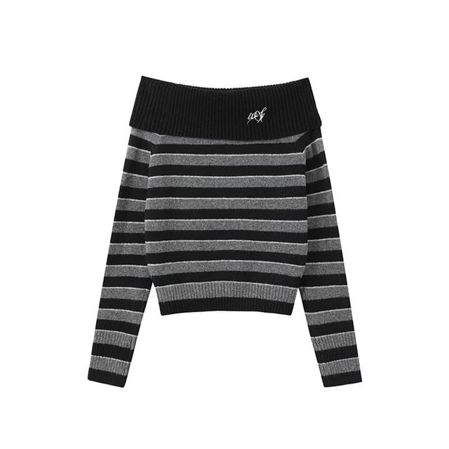 Off-Shoulder Striped Sweater / High Rise Plain Wide Leg Pants