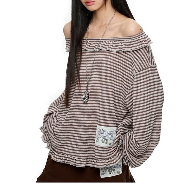 Long-Sleeve Off-Shoulder Striped Applique Ruffle Trim Tee