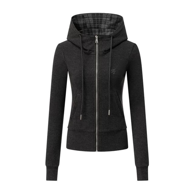 Plaid Zip-Up Fitted Hoodie + Flared High-Rise Pants