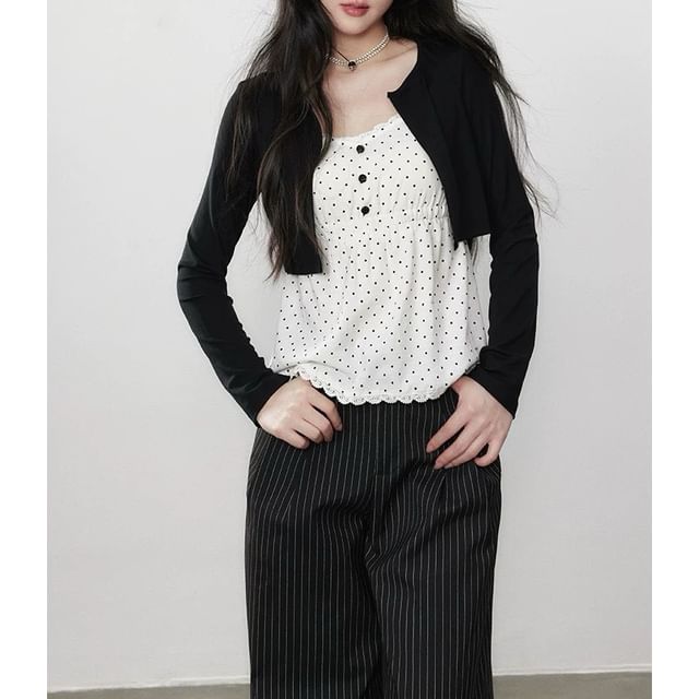 Dotted Lace-Trim Mock-Layer Sleeved Top + Striped Wide-Leg Pants