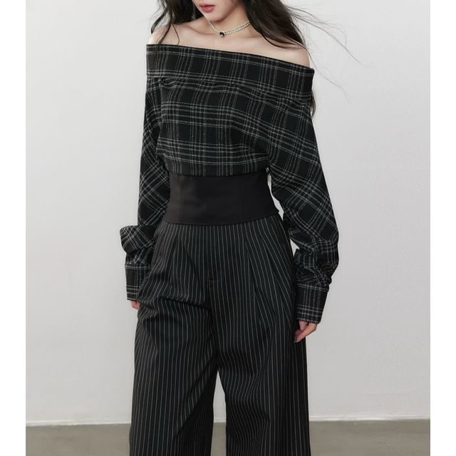 Long-Sleeve Off-Shoulder Plaid Crop Top / High Waist Striped Wide Leg Pants