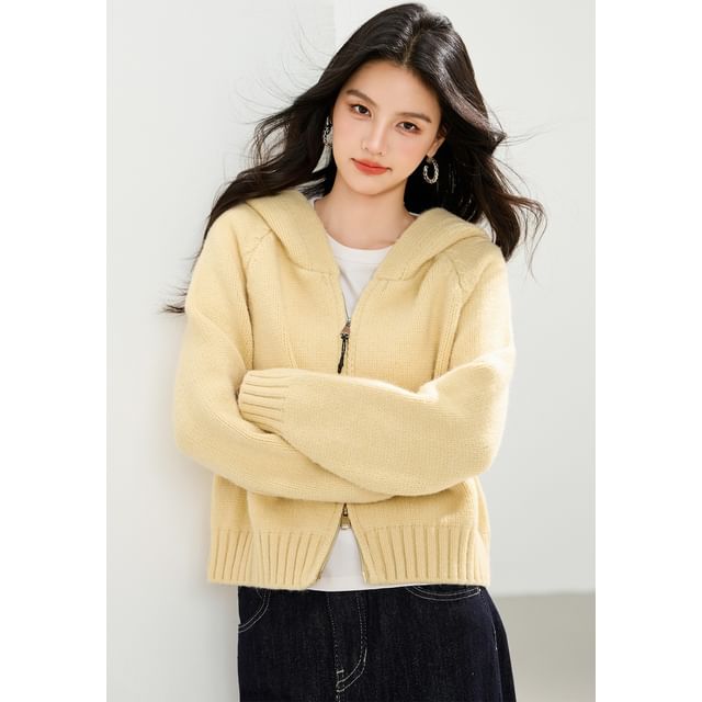 Plain Zip-Up Crop Knit Hoodie