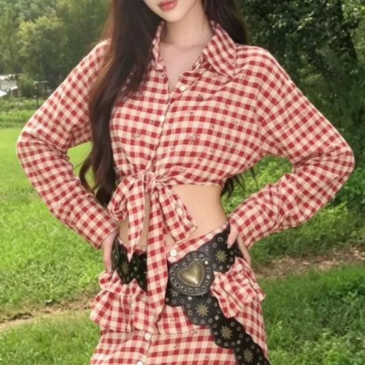 Gingham Long-Sleeved Cropped Shirt