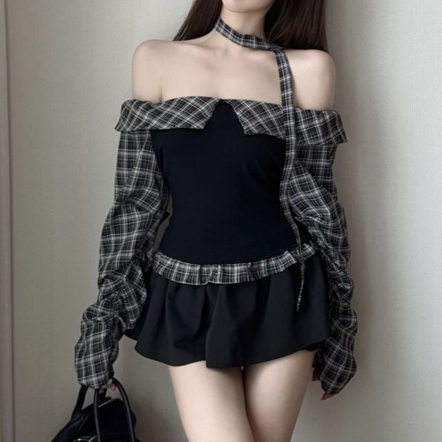 Off-Shoulder Plaid-Panel Long-Sleeved Cropped Top