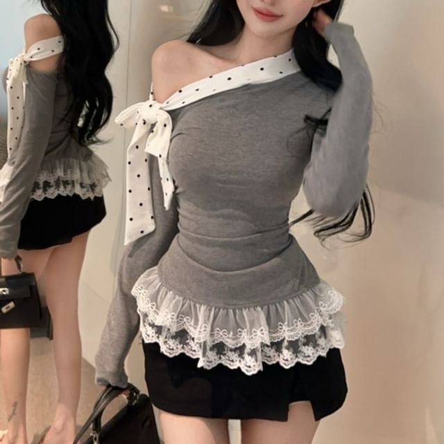 Long-Sleeve Off Shoulder Asymmetrical Lace Trim Tee