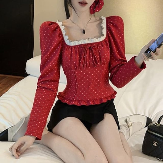 Dotted Ruffle-Trim Off-Shoulder Sleeved Blouse + Scrunchie Set