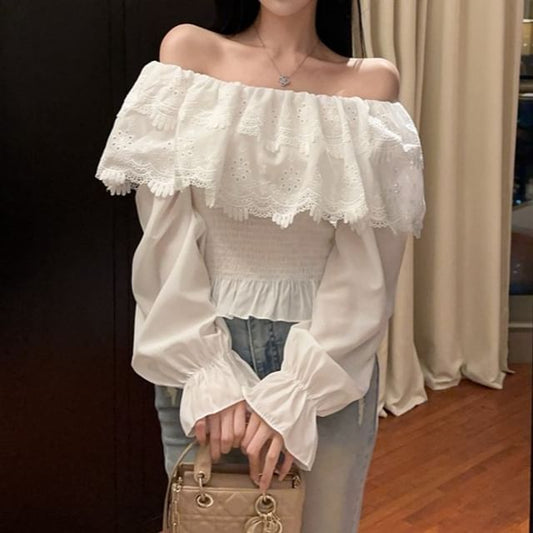 Long-Sleeve Off Shoulder Plain Lace Panel Blouse