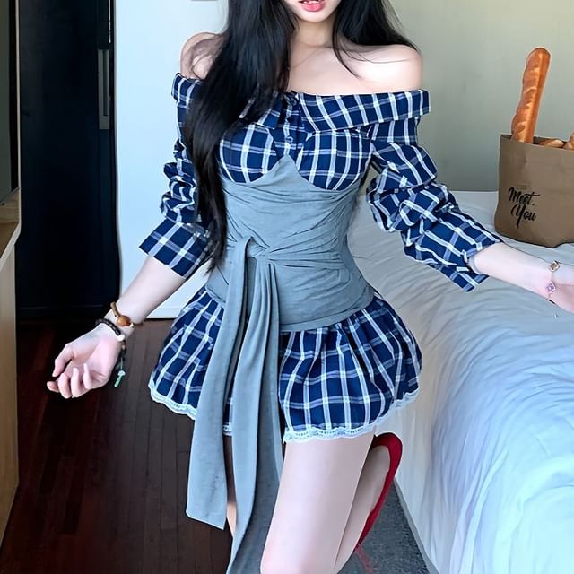 Off-Shoulder Long-Sleeved Mock Two-Piece Top & Plaid High-Waisted Mini A-Line Skirt