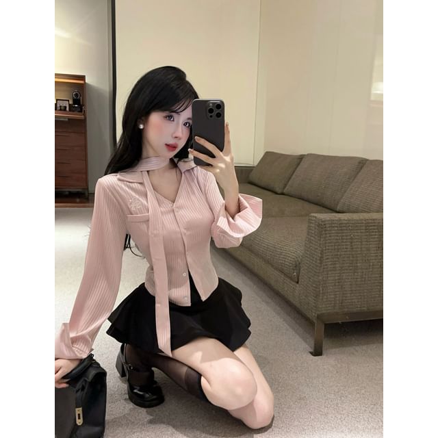 Pinstriped V-Neck Button-Up Sleeved Shirt + Pleated Mini Skirt