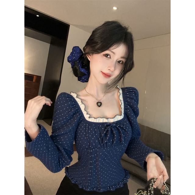 Dotted Ruffle-Trim Off-Shoulder Sleeved Blouse + Scrunchie Set