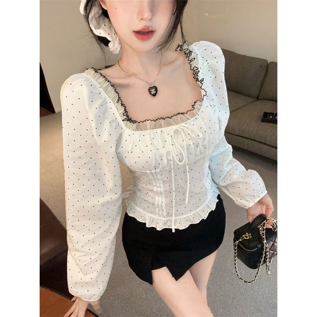 Dotted Ruffle-Trim Off-Shoulder Sleeved Blouse + Scrunchie Set