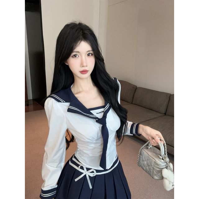 Sailor-Collar Two-Tone Neck-Tie Long-Sleeved Blouse & High-Rise Mini Pleated Skirt