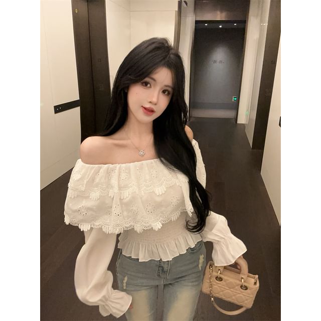 Plain Lace-Panel Off-Shoulder Sleeved Blouse