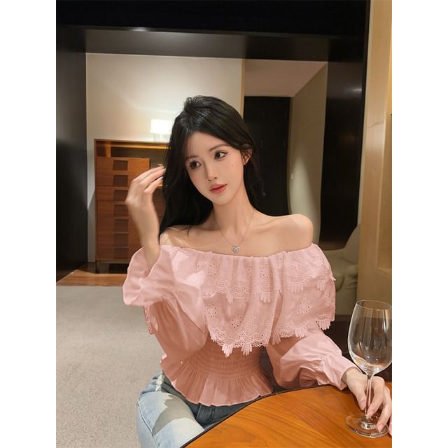 Long-Sleeve Off Shoulder Plain Lace Panel Blouse