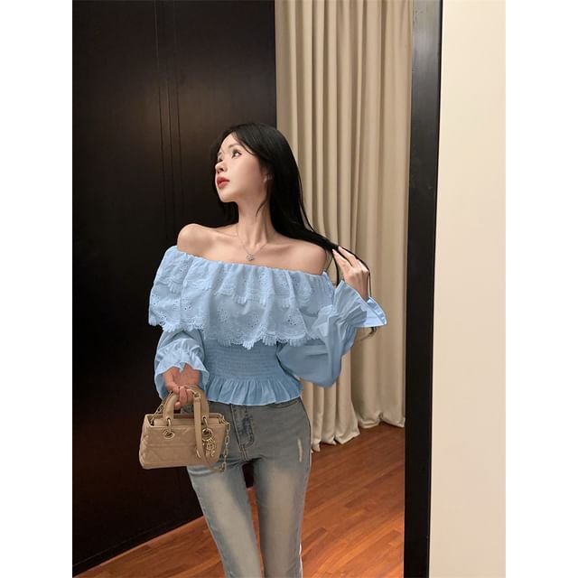Plain Lace-Panel Off-Shoulder Sleeved Blouse