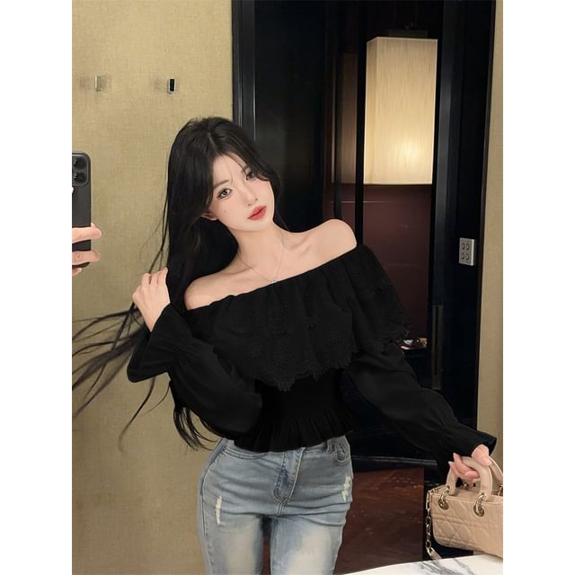 Long-Sleeve Off Shoulder Plain Lace Panel Blouse