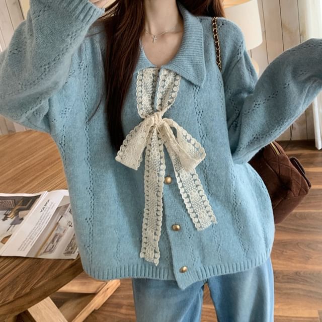 Collar Plain Lace Trim Cardigan