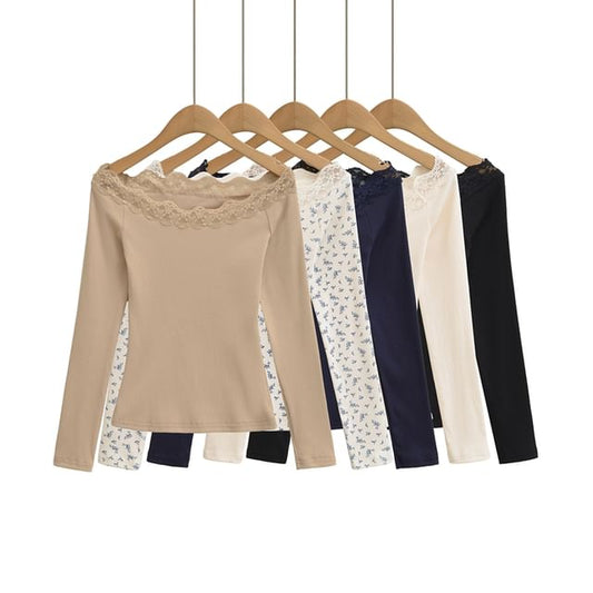 Off-Shoulder Lace-Trimmed Slim-Fit Long-Sleeved Tee