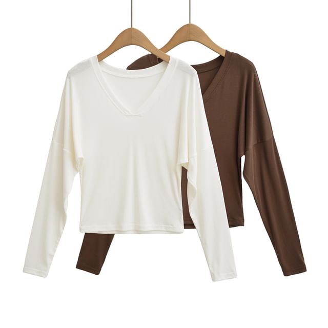 Plain V-Neck Long-Sleeved Casual T-Shirt