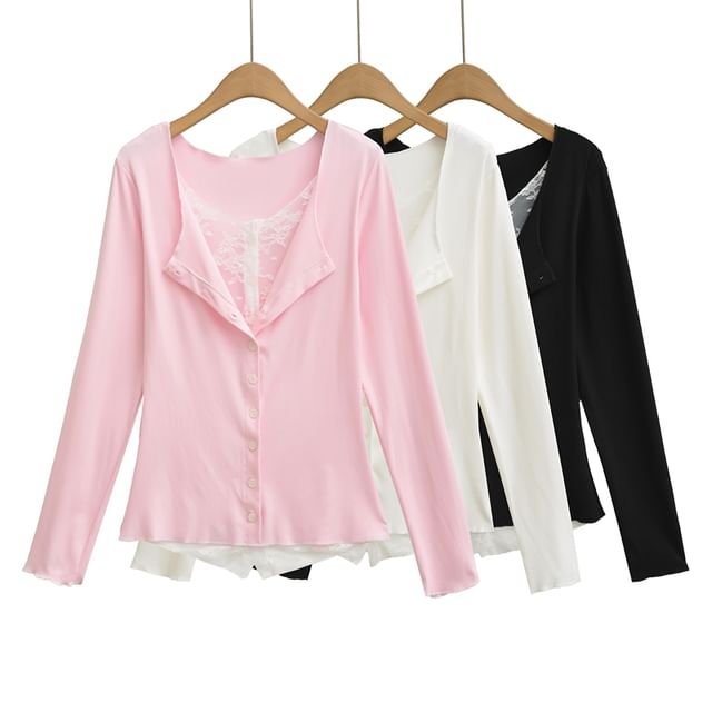 Mock Two-Piece Lace-Panel Long-Sleeved Button T-Shirt
