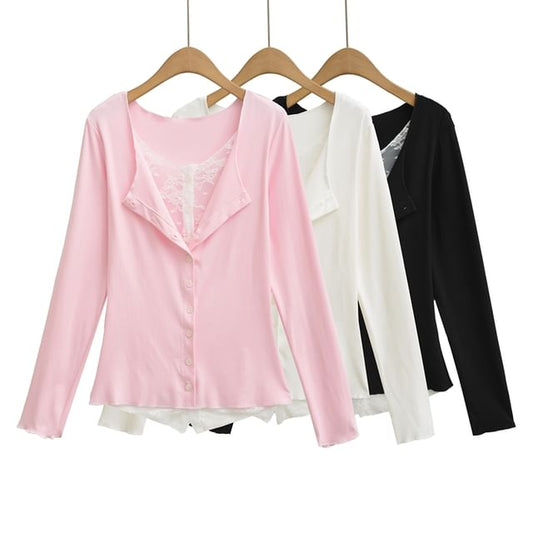 Mock Two-Piece Lace-Panel Long-Sleeved Button T-Shirt